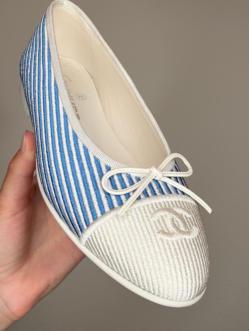 CHANEL Blue & White Striped Canvas Ballet Flats with Bow - Picture 2 of 5